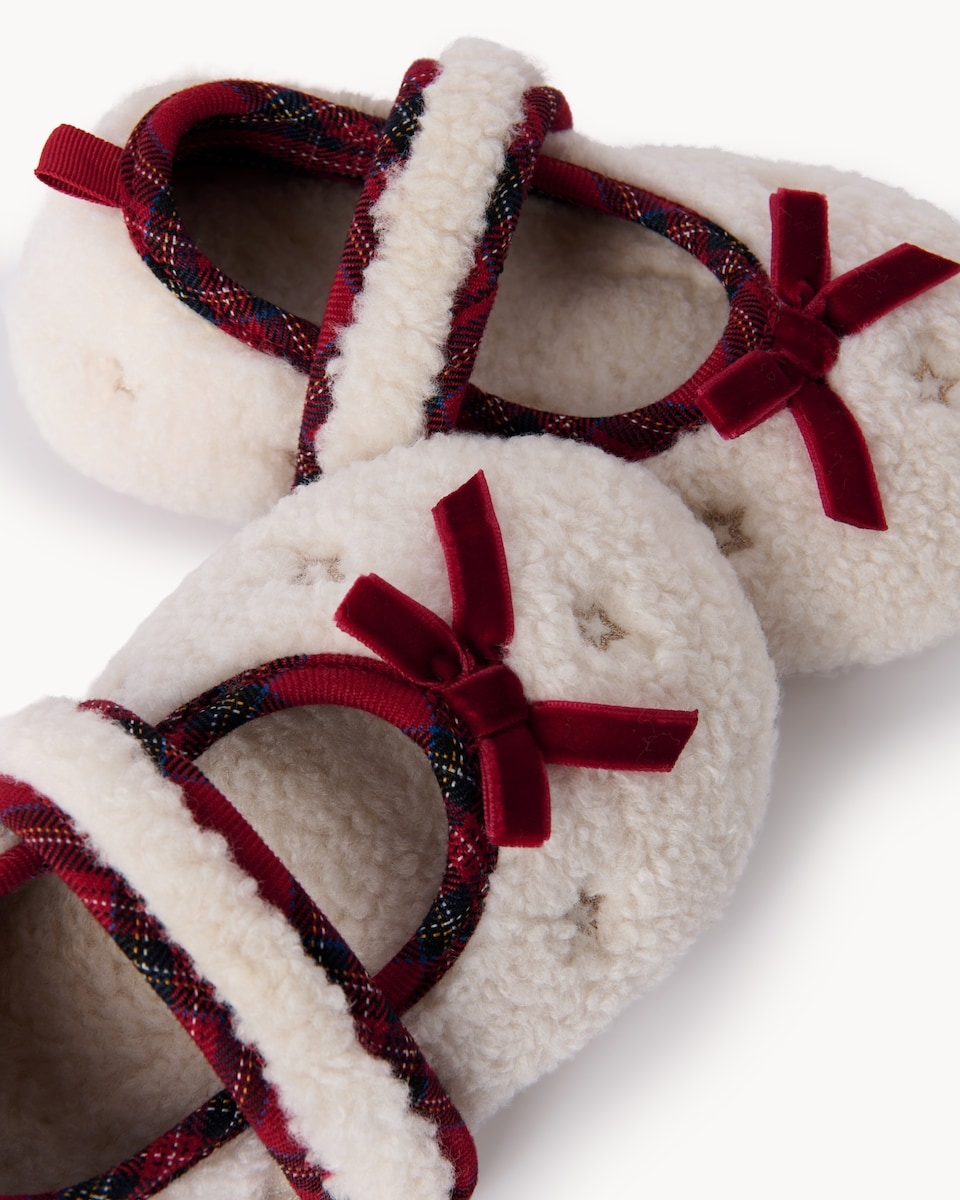 image 1 of Christmas Girls Check Pattern Mary Jane Slippers in Multi Red