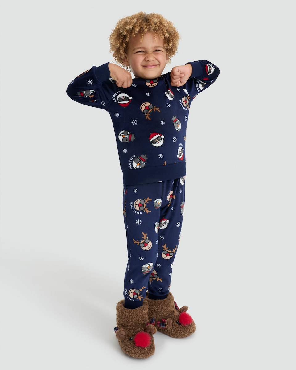 image 1 of F&F Boys Minky Fleece Christmas Print Top and Bottoms Pyjamas in Navy