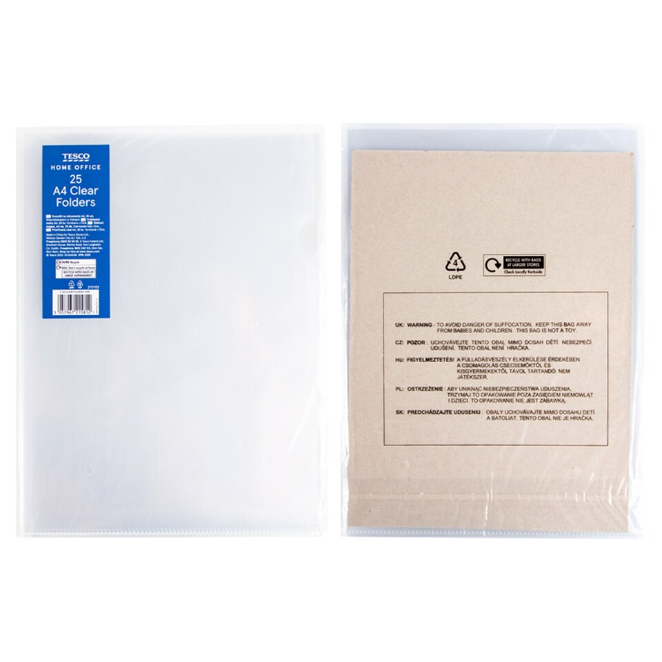 Tesco A4 Clear Folders 25 Pack