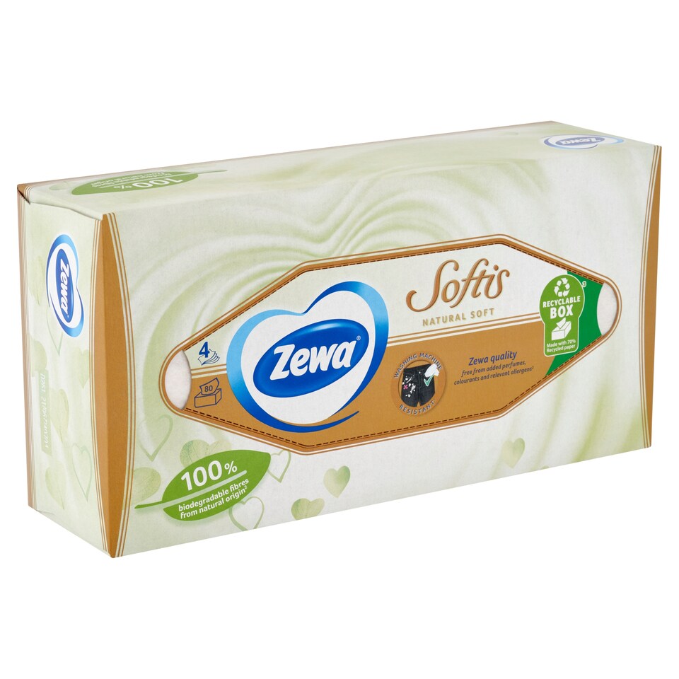 Zewa Softis Natural Soft illatmentes dobozos papír zsebkendő 4 rétegű 80 db  1. kép
