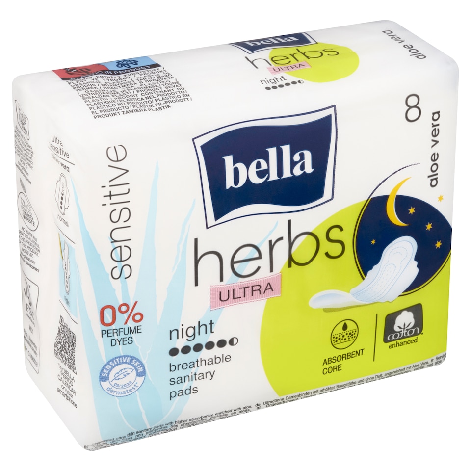 image 1 of Bella Herbs Ultra Sensitive Aloe Vera Night Sanitary Pads 8 pcs