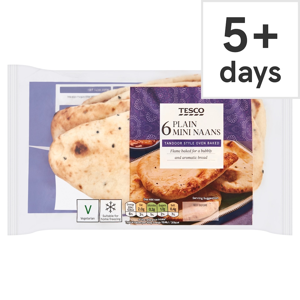 TESCO Mini Plain Naan Breads 6 Pack 282g