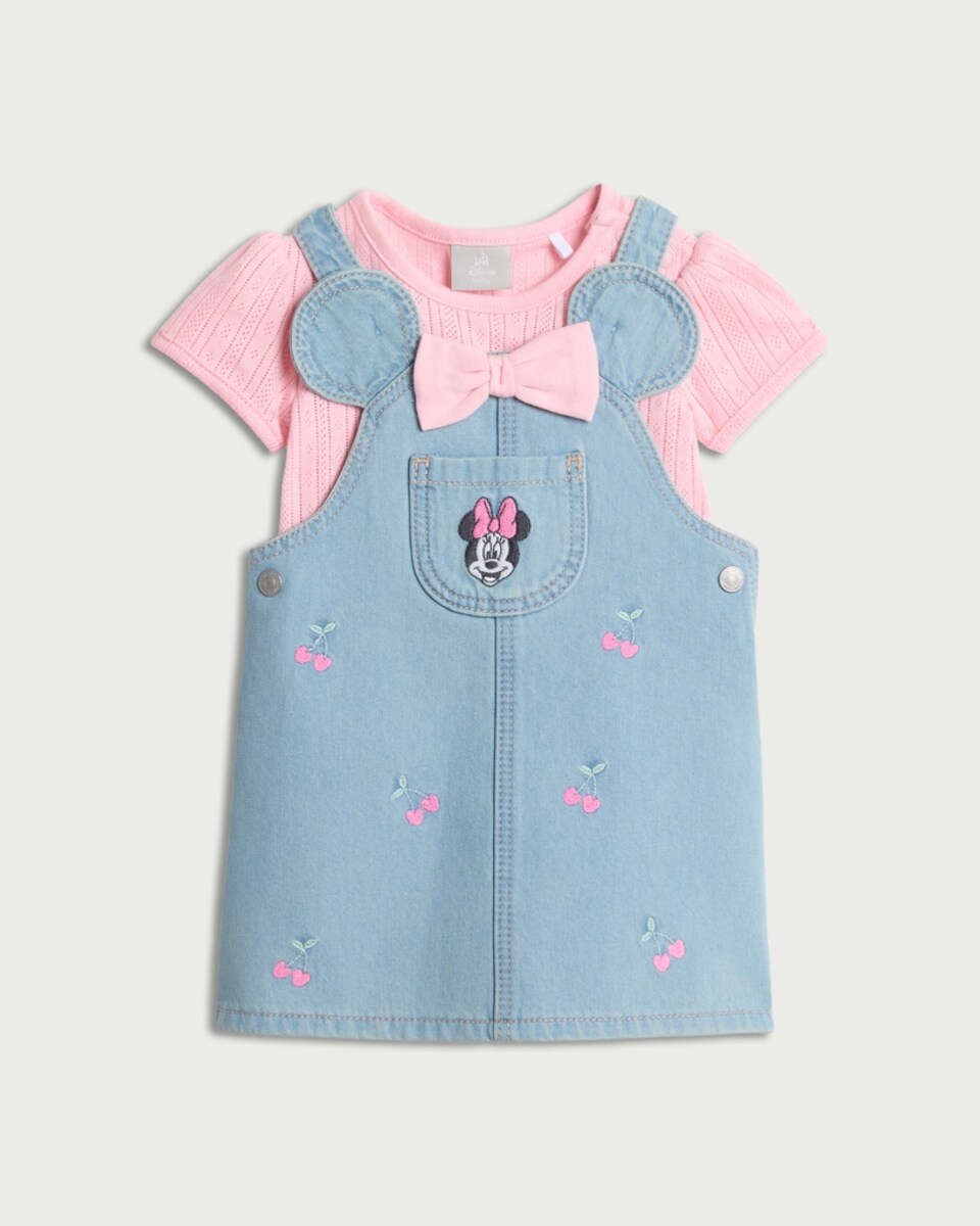 image 1 of Disney Minnie Mouse 2-Piece Pure Cotton Dungarees and Bodysuit Set in Blue