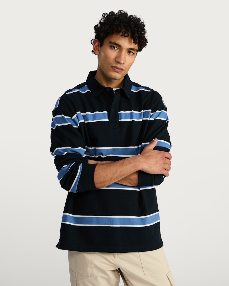 image 1 of F&F Pure Cotton Striped Long Sleeved Rugby Polo Shirt in Navy