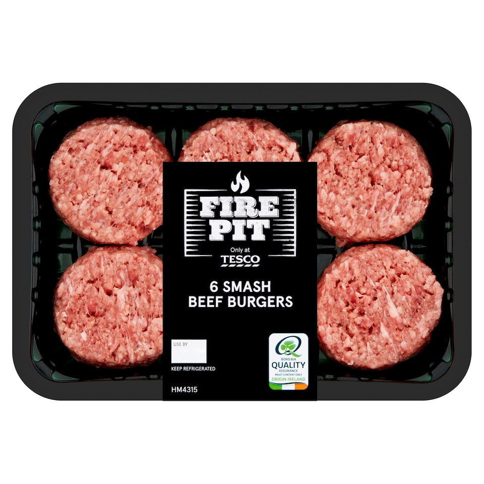 Tesco Fire Pit 6 Smash Beef Burgers 600g