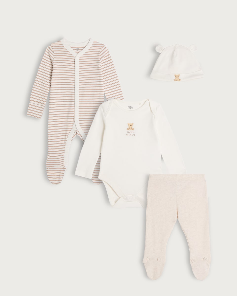 image 1 of F&F Baby 4-Piece Cotton Rich Teddy Bear Sleepsuit, Bodysuit, Legging and Hat Set in White