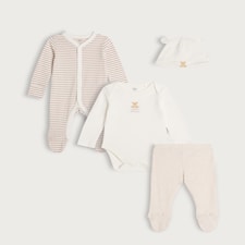 F&F Baby 4-Piece Cotton Rich Teddy Bear Sleepsuit, Bodysuit, Legging and Hat Set in White