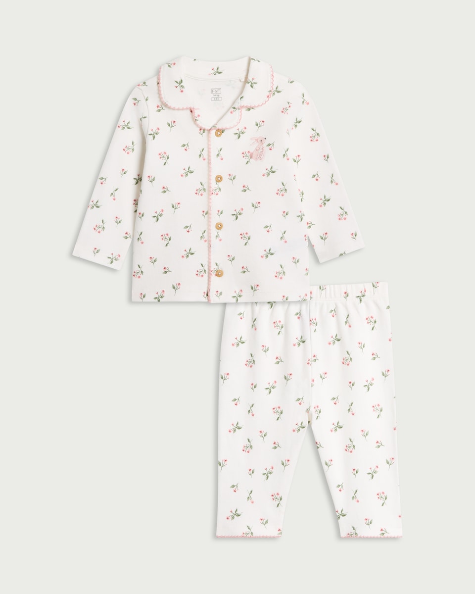 image 1 of F&F Baby Pure Cotton Floral Print Revere Pyjama Set in White