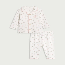 F&F Baby Pure Cotton Floral Print Revere Pyjama Set in White