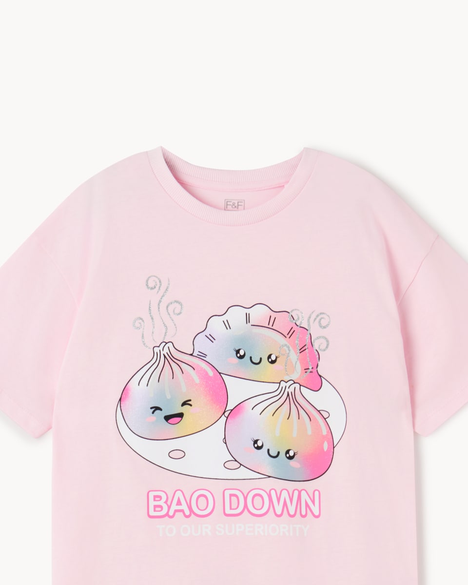 image 1 of F&F Girls Pure Cotton Printed T-Shirt in Pink