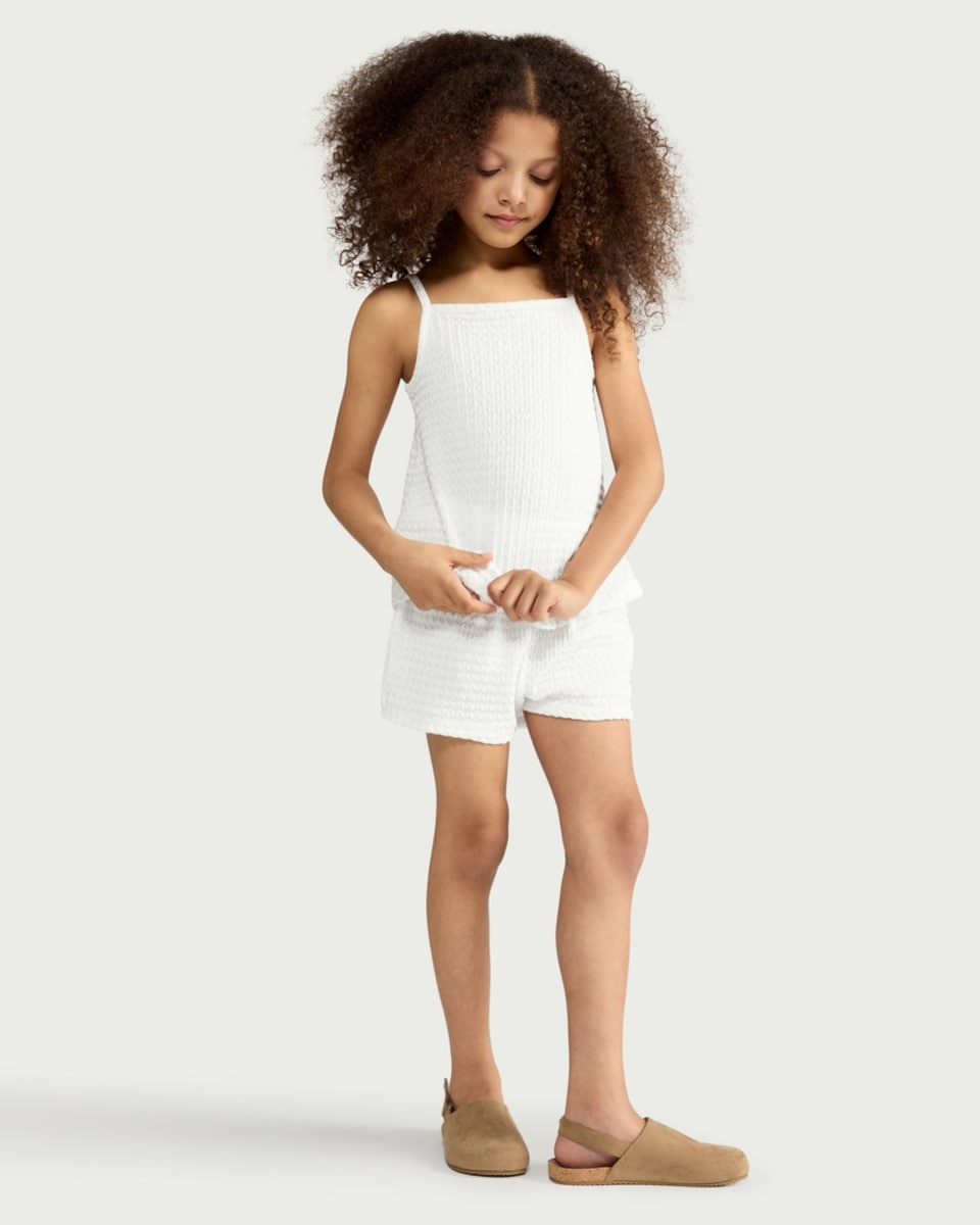 image 1 of F&F Girls 2-Piece Textured Vest and Shorts Set in Cream