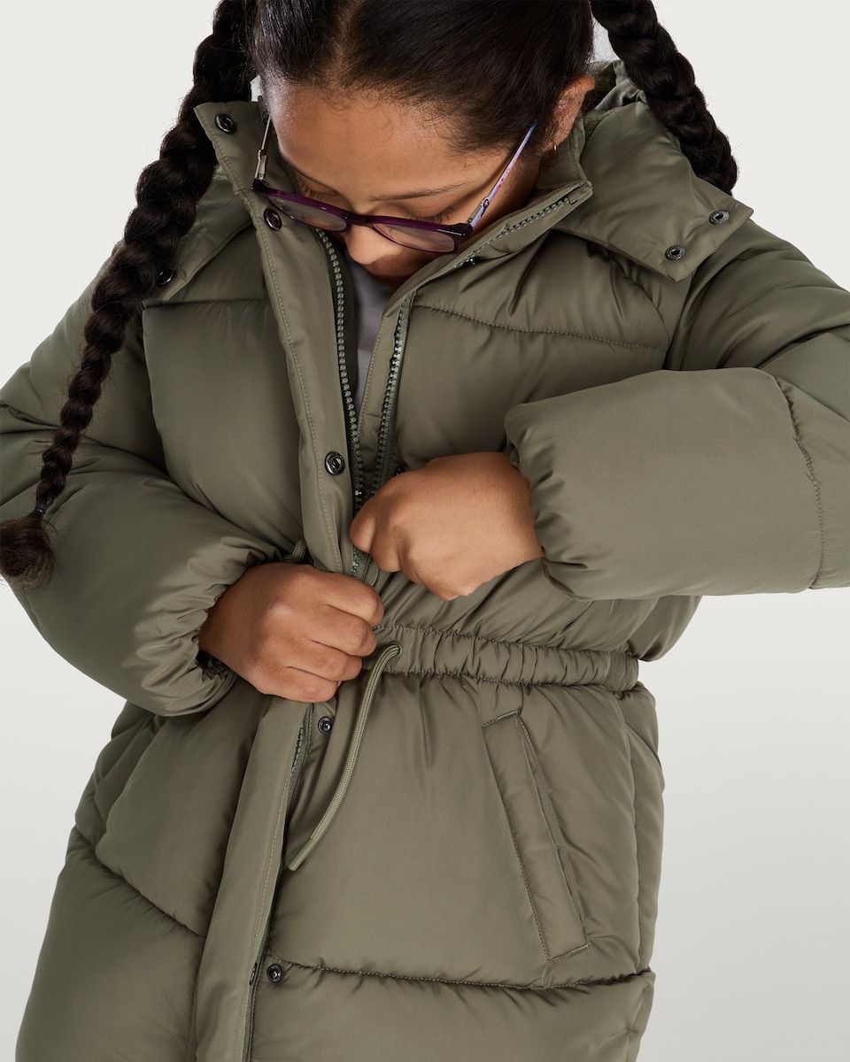 image 1 of F&F Girls Hooded Longline Shower Resistant Puffer Coat in Khaki