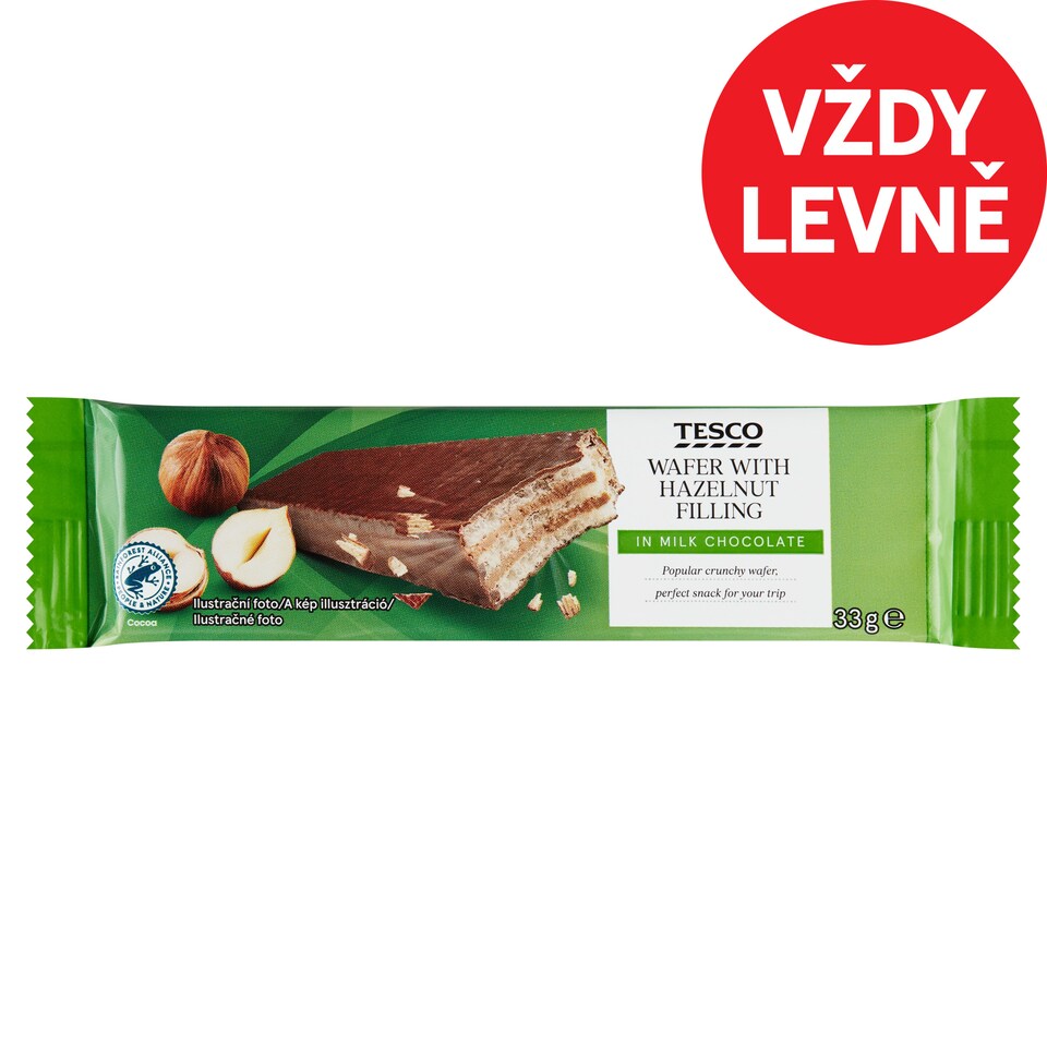 Tesco Oplatka s náplní s lískovými ořechy a arašídy v mléčné čokoládě 33g