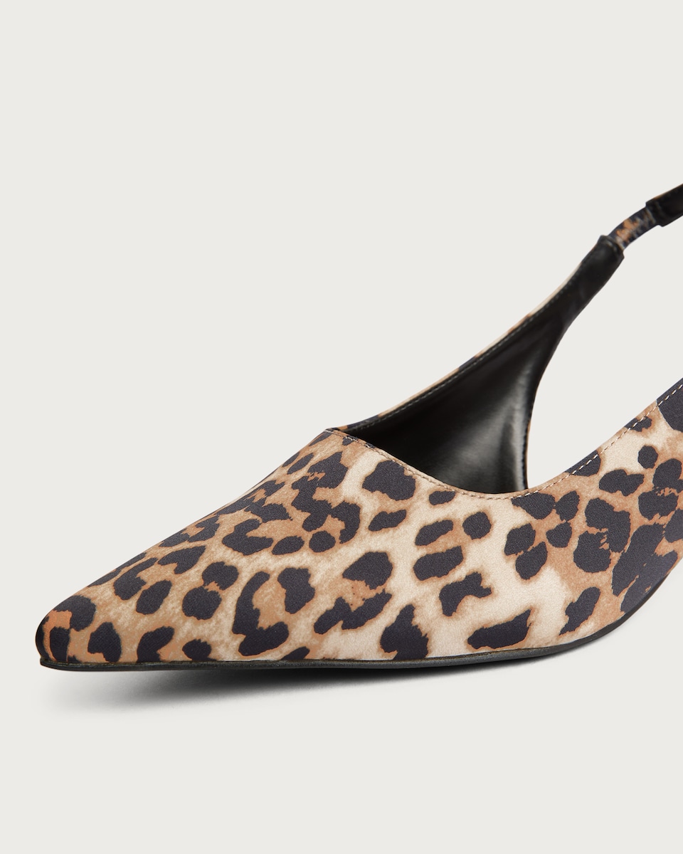 image 1 of SACHA Satin Look Leopard Print Slingback Kitten Heels in Multi Brown