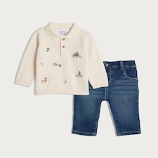 F&F Baby 2-Piece Festive Polo Jumper and Jeans Set in Cream