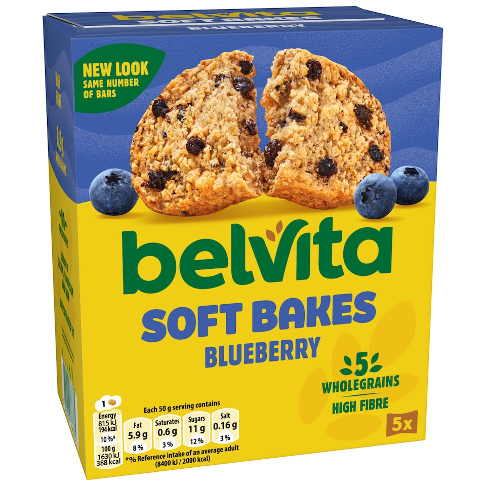 image 1 of Belvita Breakfast Blueberry Soft Bakes Cereal Snack Bars Pack 5 x 50g