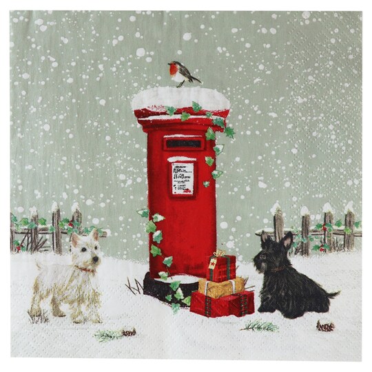 T. Xmas Postbox & Dogs Napkin 33cm 3ply 20 PK