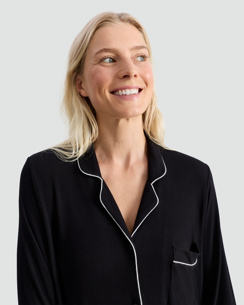 image 1 of F&F Contrast Piping Longline Pyjama Shirt in Black