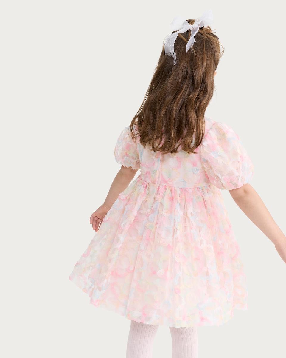 image 1 of F&F Girls Rainbow Floral Puff Sleeve Dress in Multi