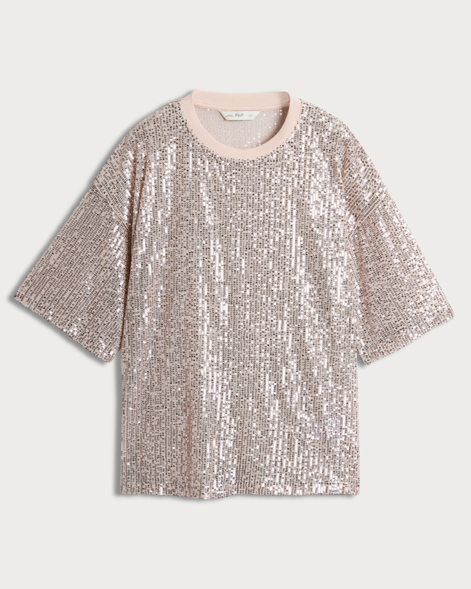 image 1 of F&F Sequin Embellished Boxy Short Sleeved Top in Cream