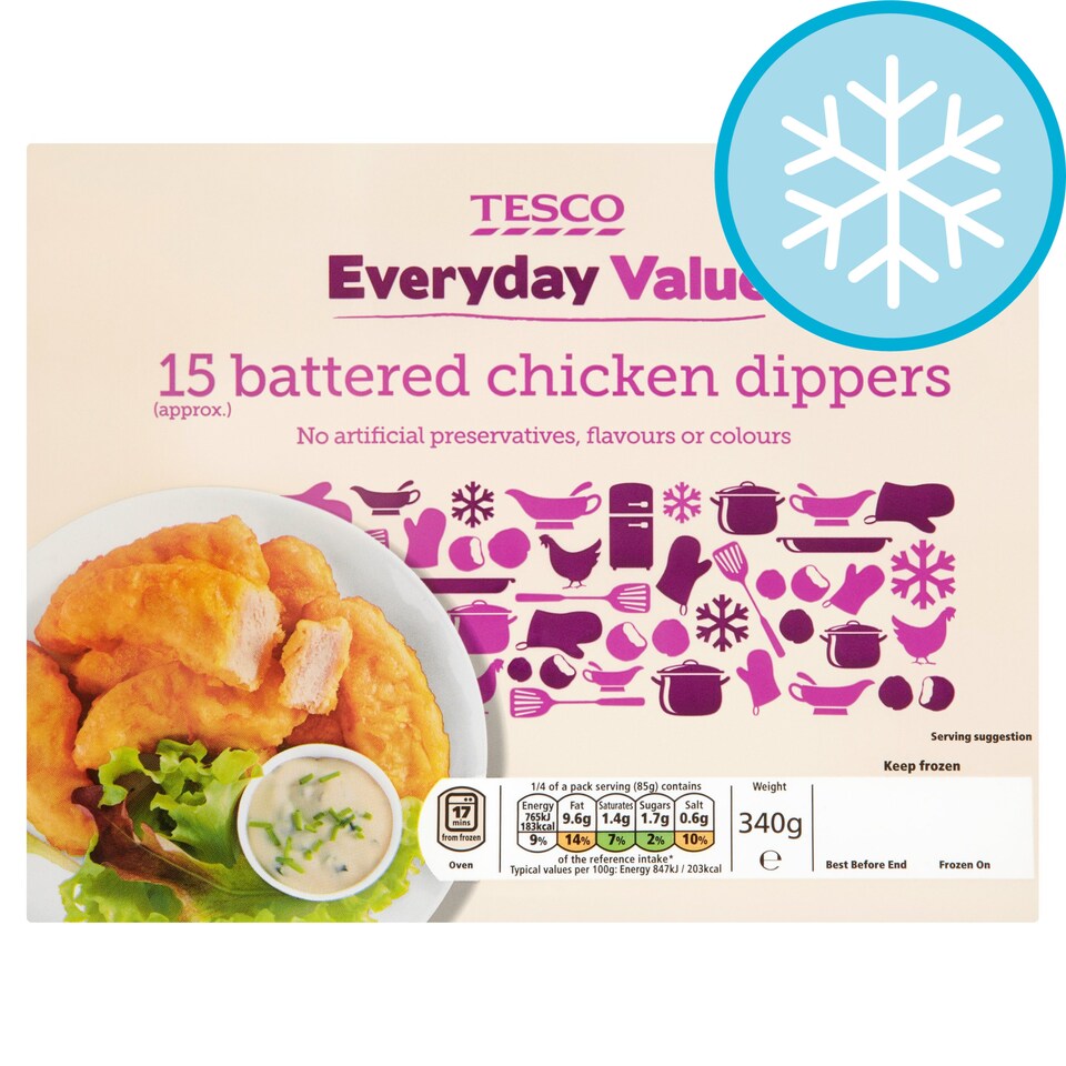 Tesco Everyday Value 15 Battered Chicken Dippers 340G