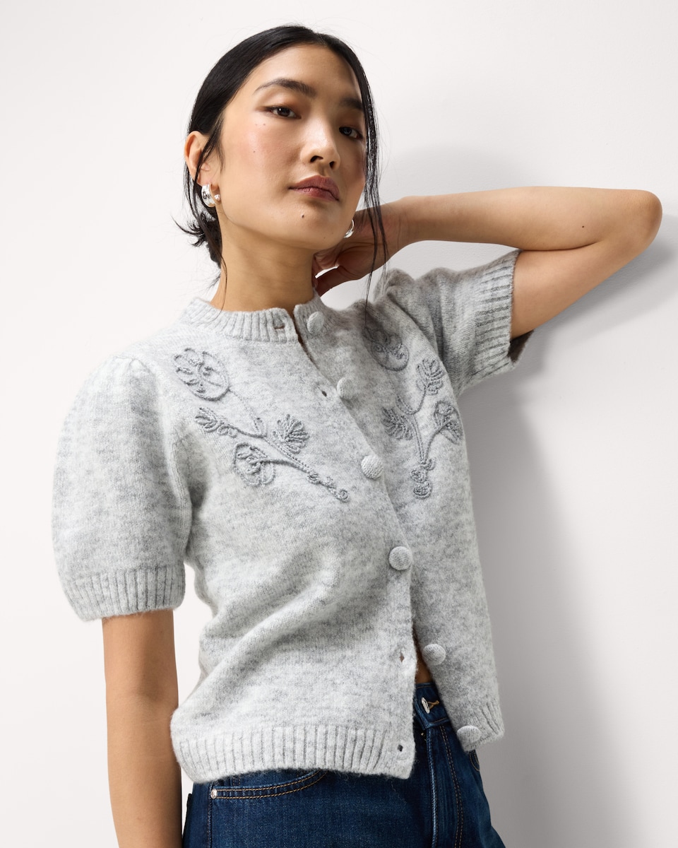image 1 of F&F Floral Short Sleeved Cardigan in Grey