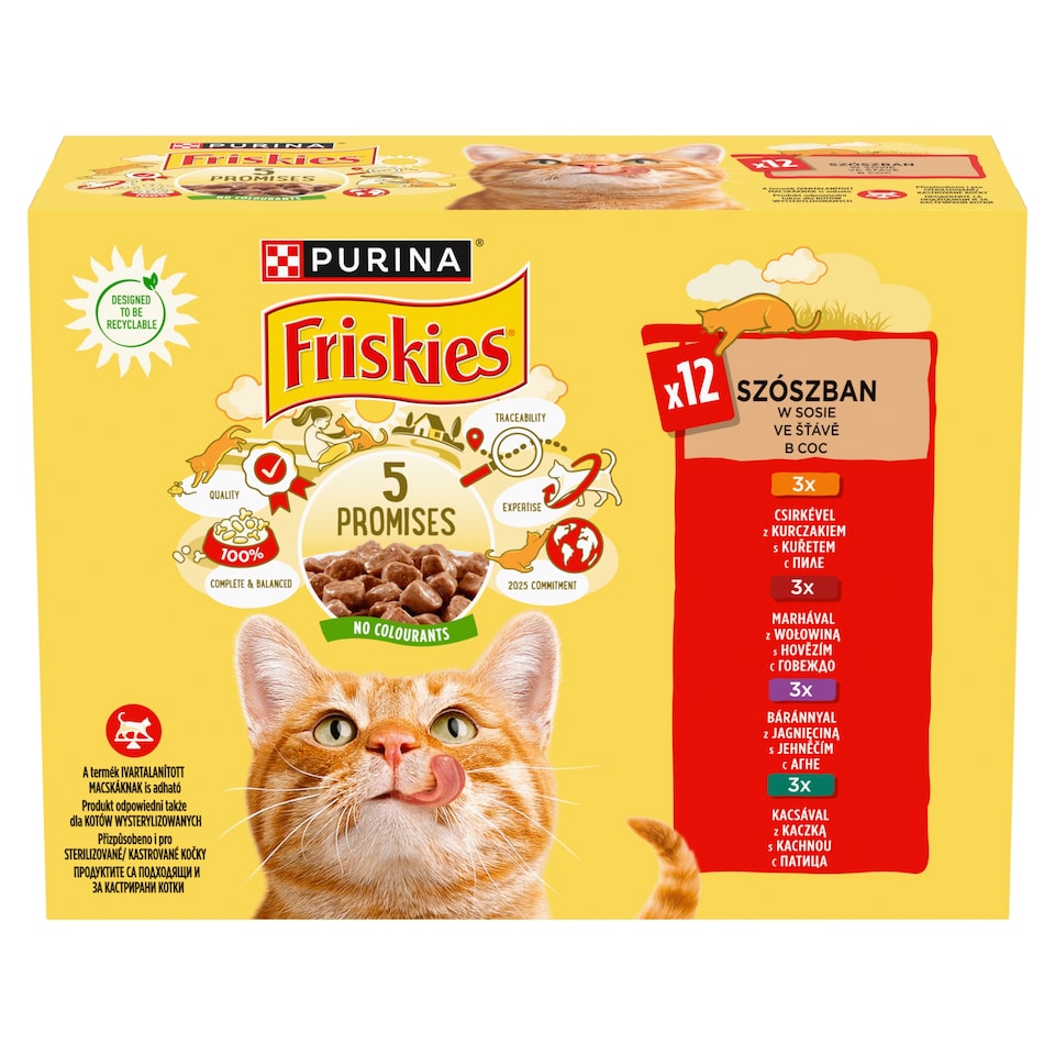 Friskies állateledel macskák számára szószban csirkével/marhával/báránnyal/kacsával 12 x 85 g 1. kép