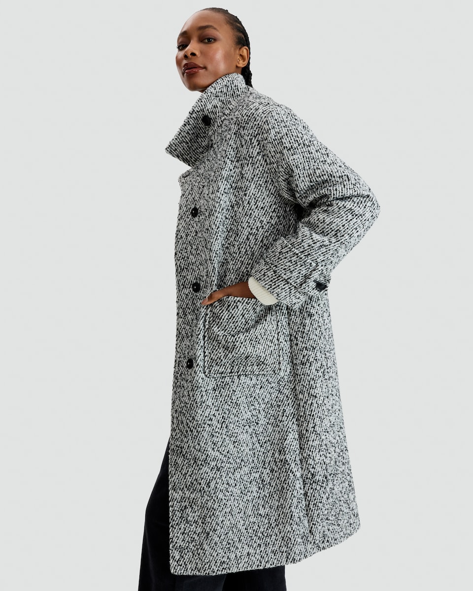 image 1 of F&F Textured High Neck Coat with Wool in Multi Black White