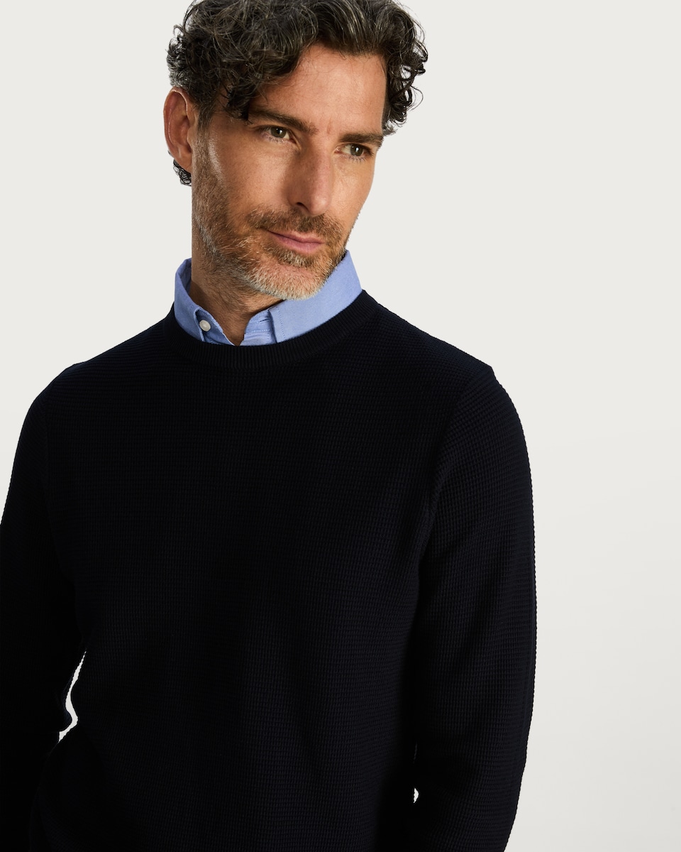 image 1 of F&F Pure Cotton Textured Integral Collar Jumper in Navy