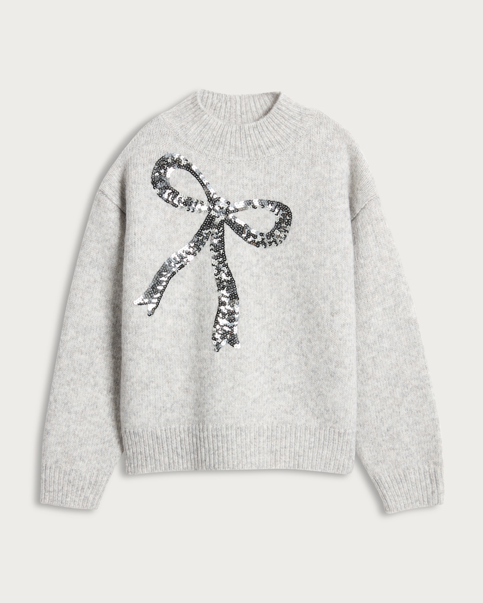 image 1 of F&F Girls Textured Sequin Bow Jumper in Grey