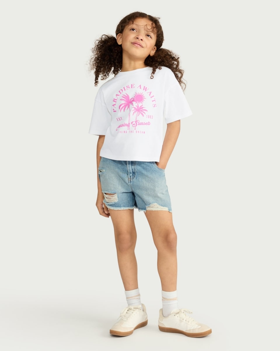 image 1 of F&F Girls Pure Cotton Paradise Awaits T-Shirt in White