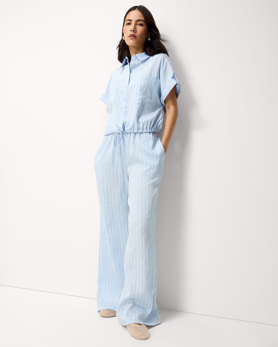 image 1 of F&F Modal Rich Pinstripe Short Sleeved Shirt in Blue