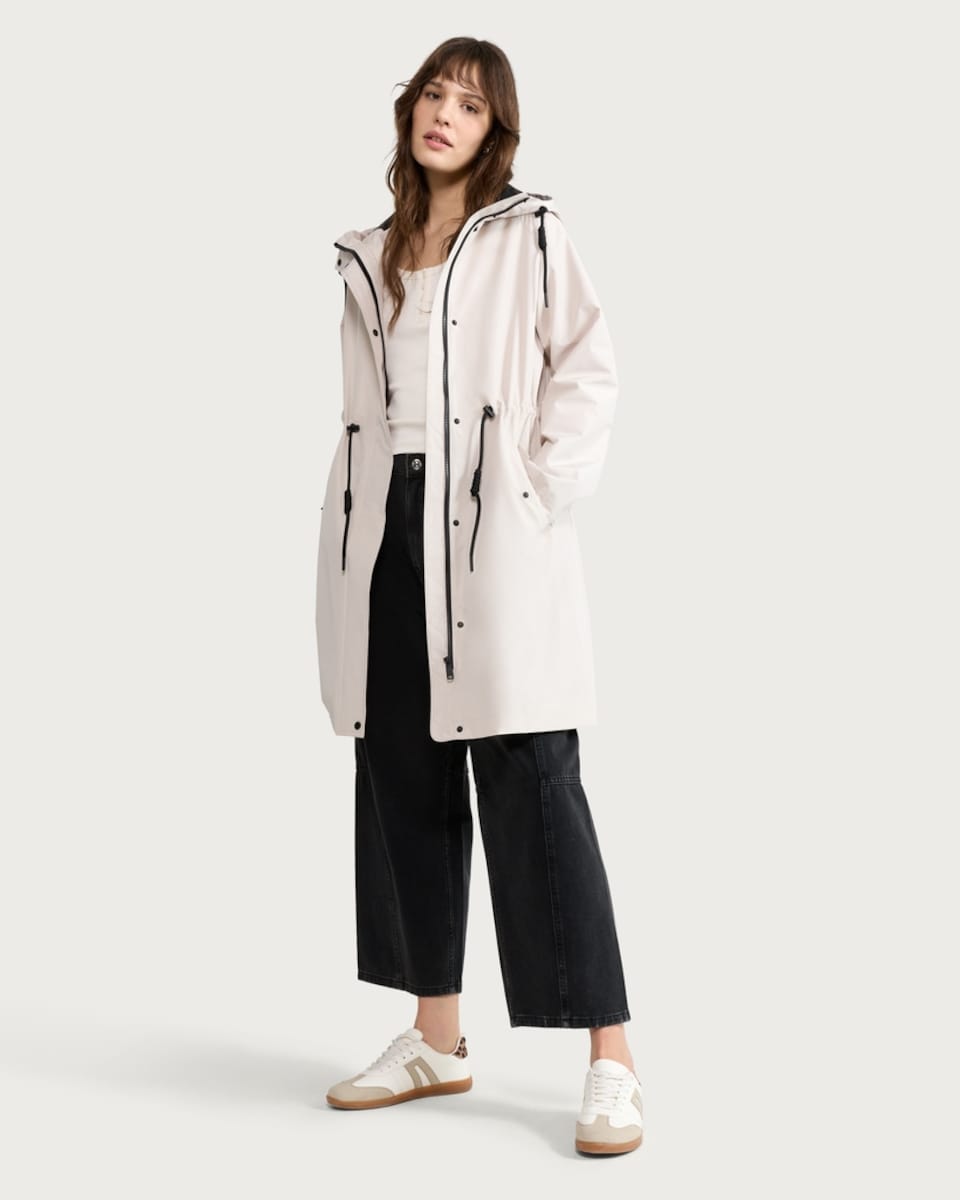 image 1 of F&F Shower Resistant Drawstring Waist Hooded Raincoat in Neutral