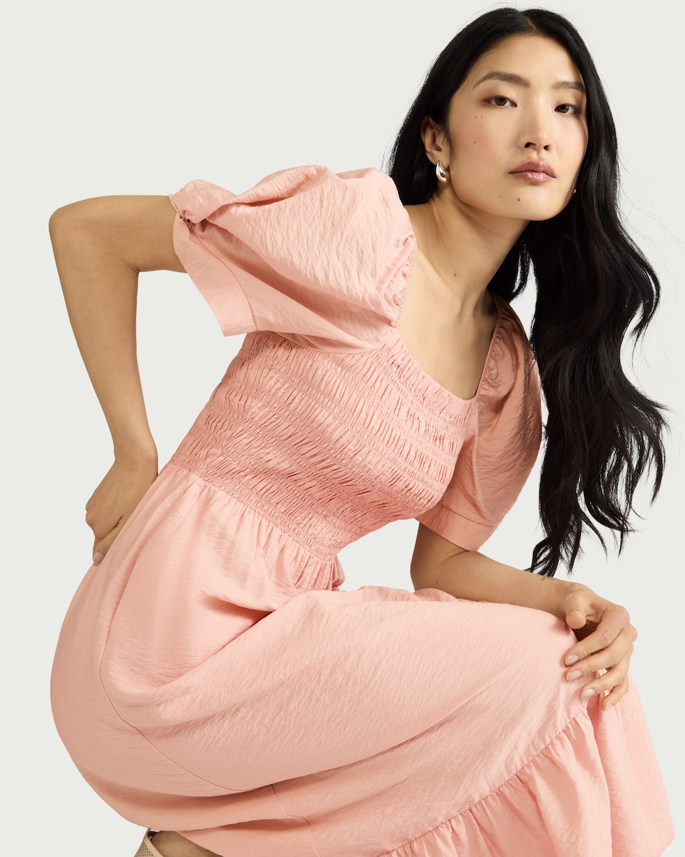 image 1 of F&F Shirred Puff Sleeved Midi Dress in Pink