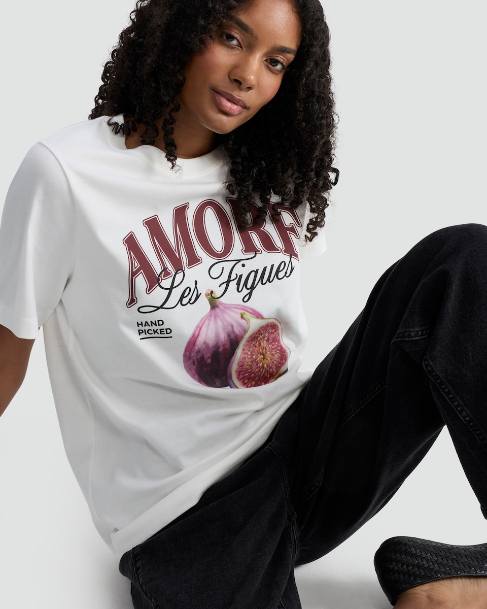 image 1 of F&F Pure Cotton Amore Les Figues Graphic T-Shirt in Cream