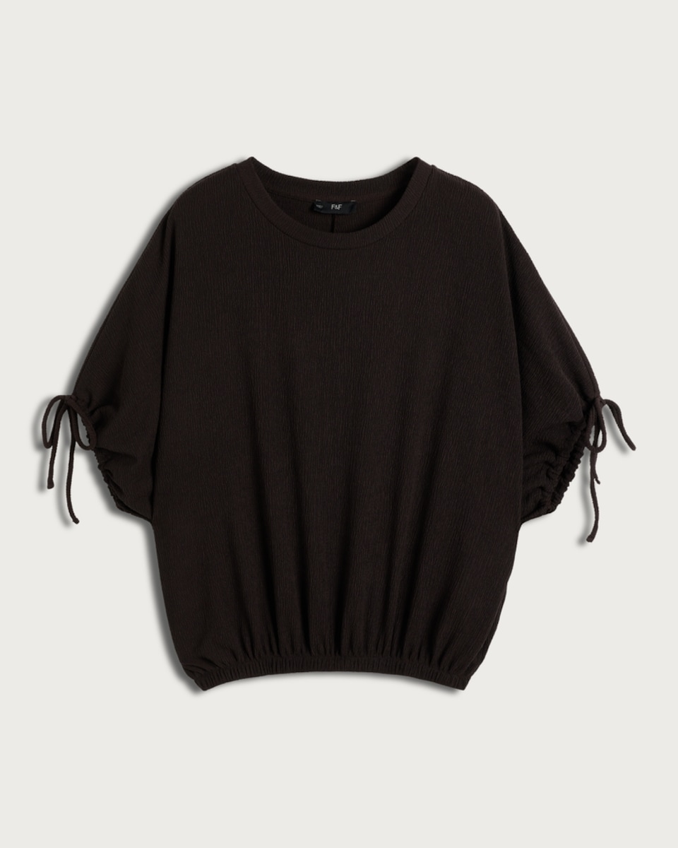 F&F Textured Ruched Sleeve Balloon Hem Top in Chocolate