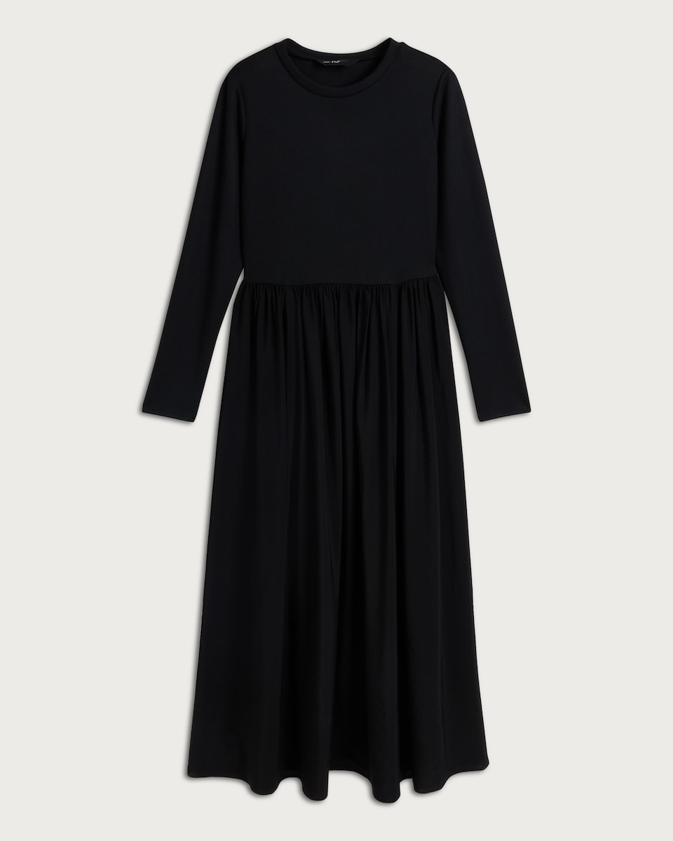 image 1 of F&F Gathered Waist Long Sleeved Midi Dress in Black