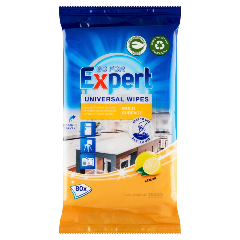 Tesco Go for Expert Lemon All-Purpose Wet Wipes 80 pcs