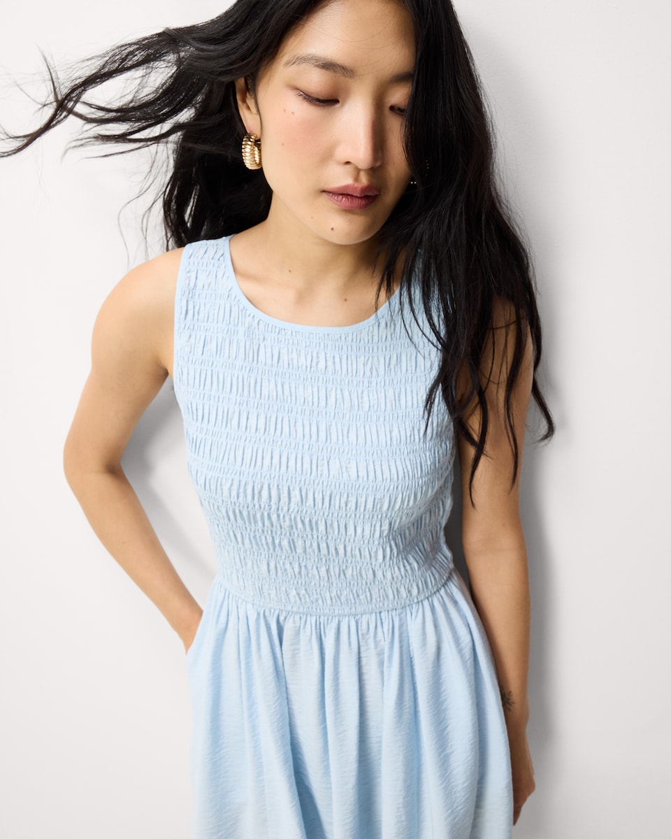 image 1 of F&F Shirred Sleeveless Mini Dress in Blue