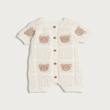 F&F Baby Pure Cotton Knitted Bear Pattern Short Sleeved Romper in White