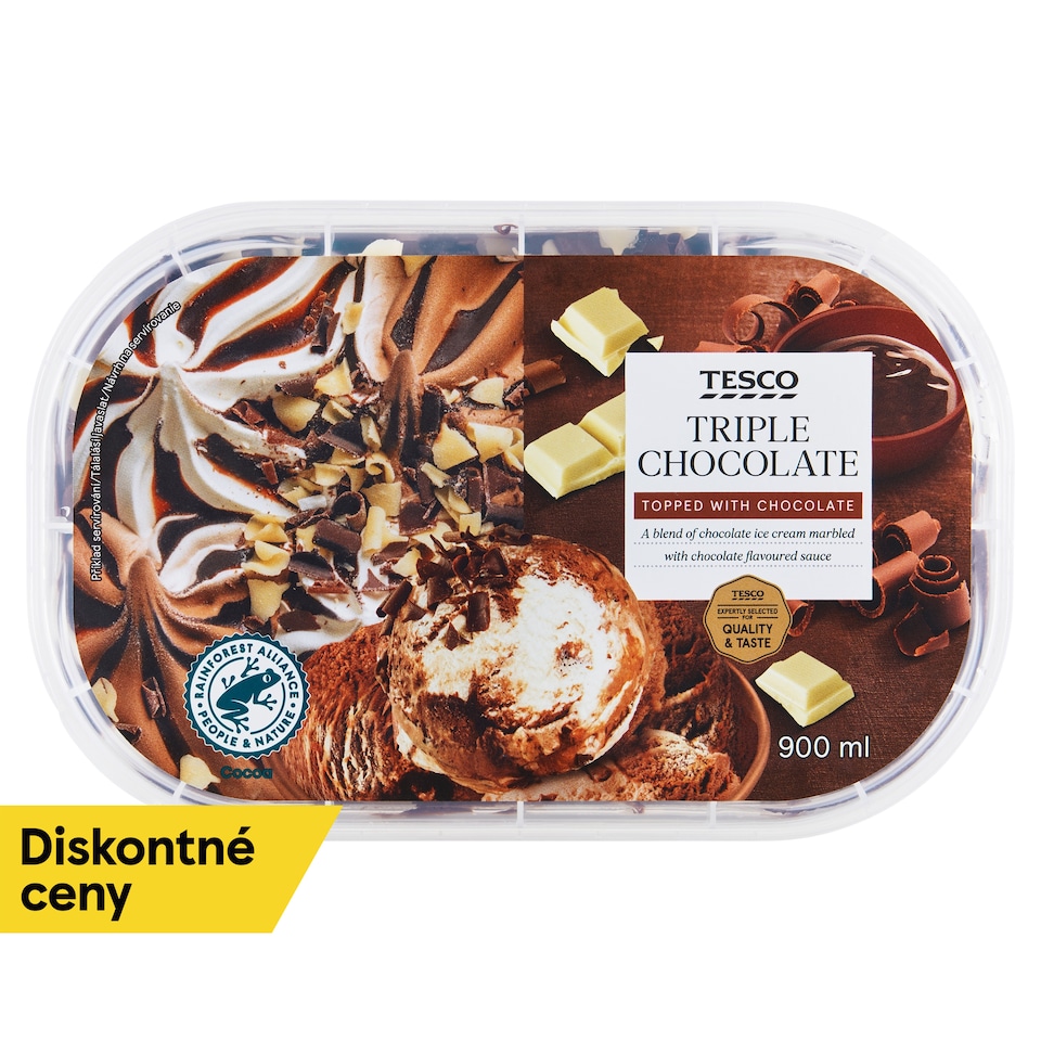 Tesco Mrazený krém čokoládový s polevou s príchuťou čokolády a kúskami čokolády 900 ml