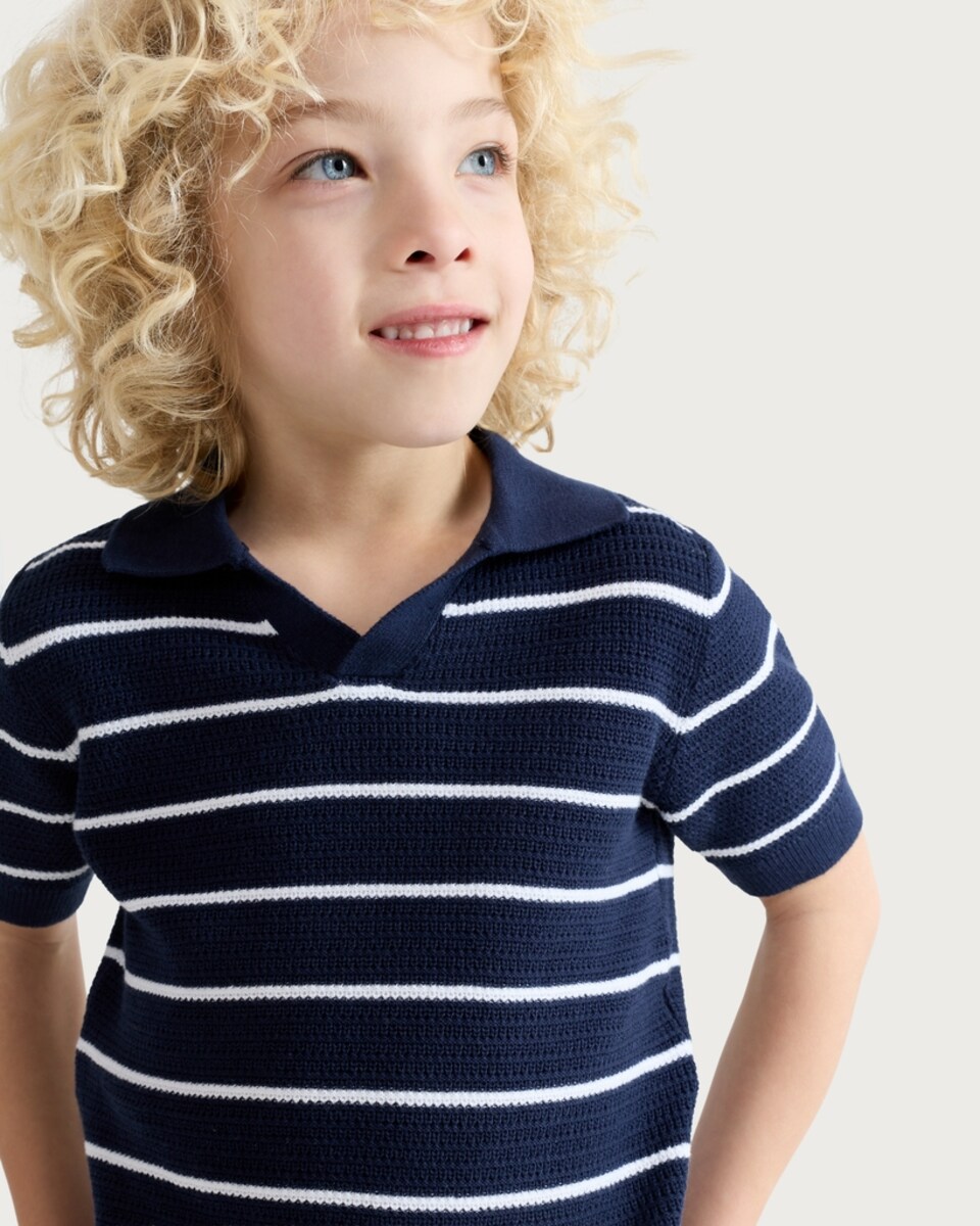 image 1 of F&F Boys Pure Cotton Knitted Striped Polo Shirt in Navy