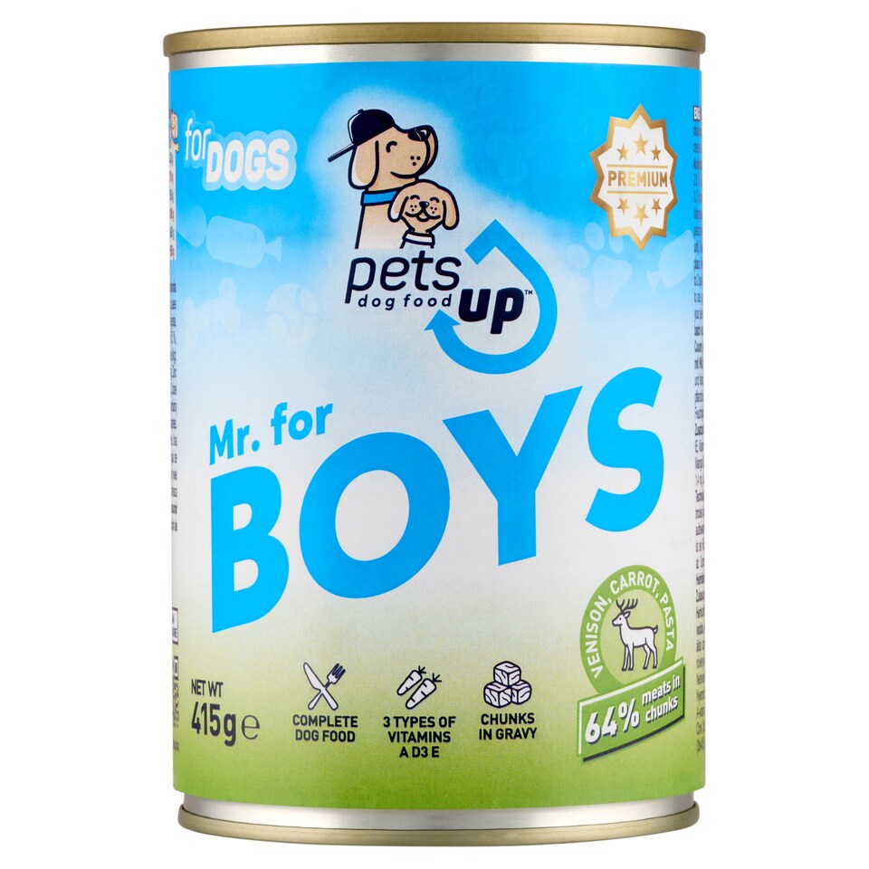 PetsUp Mr. for Boys állateledel felnőtt kutyáknak vaddal, sárgarépával, tésztával, szószban 415 g  1. kép