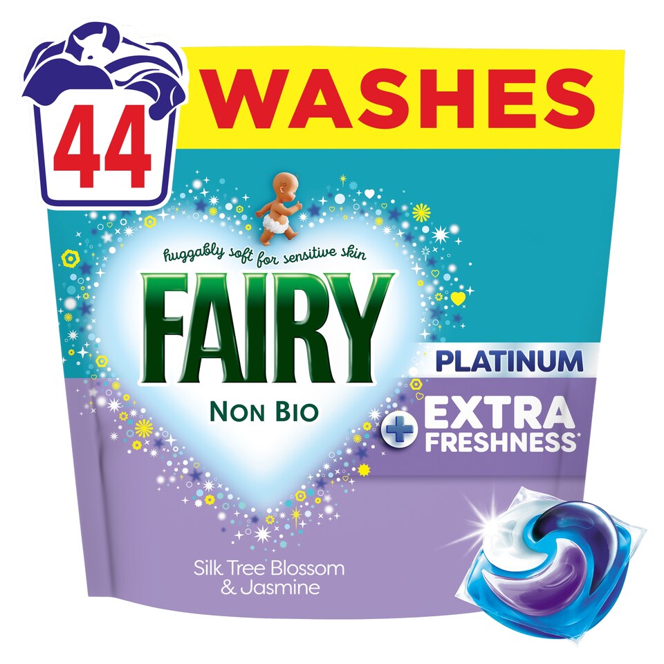 image 1 of Fairy Non Bio Platinum Washing Pods Silk Tree Blossom & Jasmine 44 Washes 1003.2g