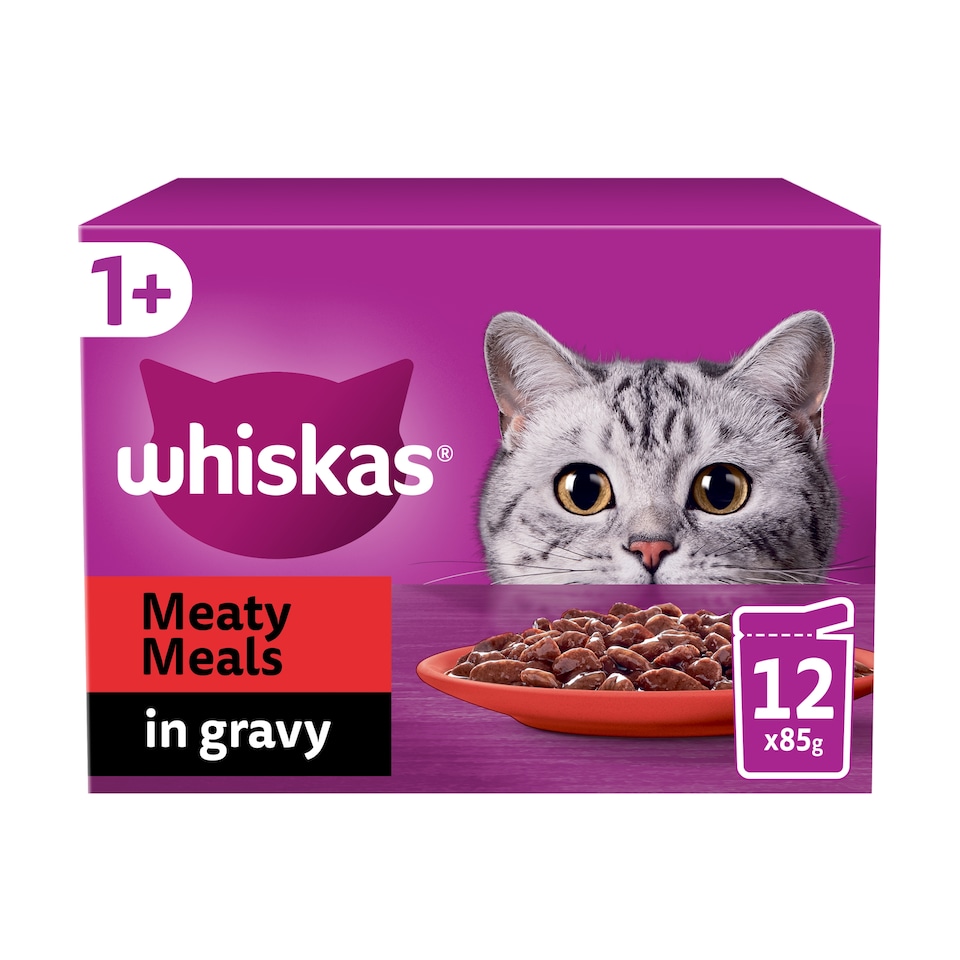 image 1 of Whiskas Adult Wet Cat Food Pouches Meaty Meals in Gravy 12x85g