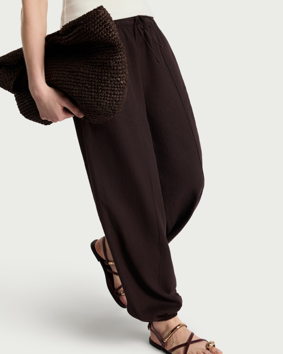 image 1 of F&F Linen Rich Balloon Leg Drawstring Trousers in Chocolate