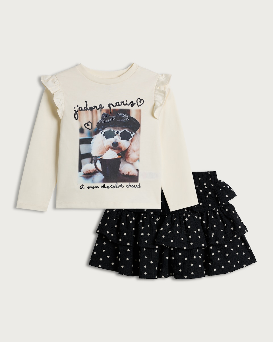 F&F Girls 2-Piece Long Sleeved Top and Tiered Skirt Set in Multi Black White