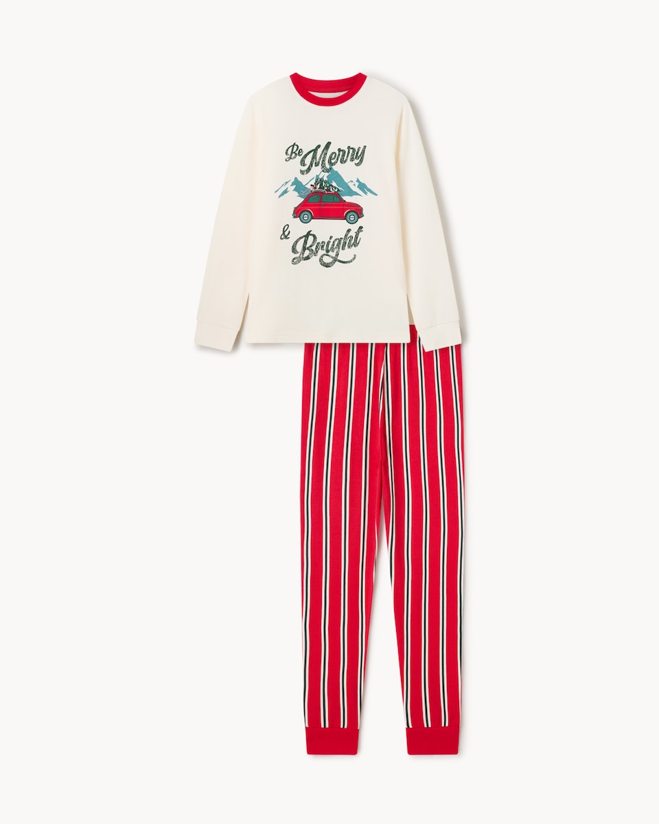 image 1 of Christmas Kids Pure Cotton Merry & Bright Family Matching Pyjama Set in Cream