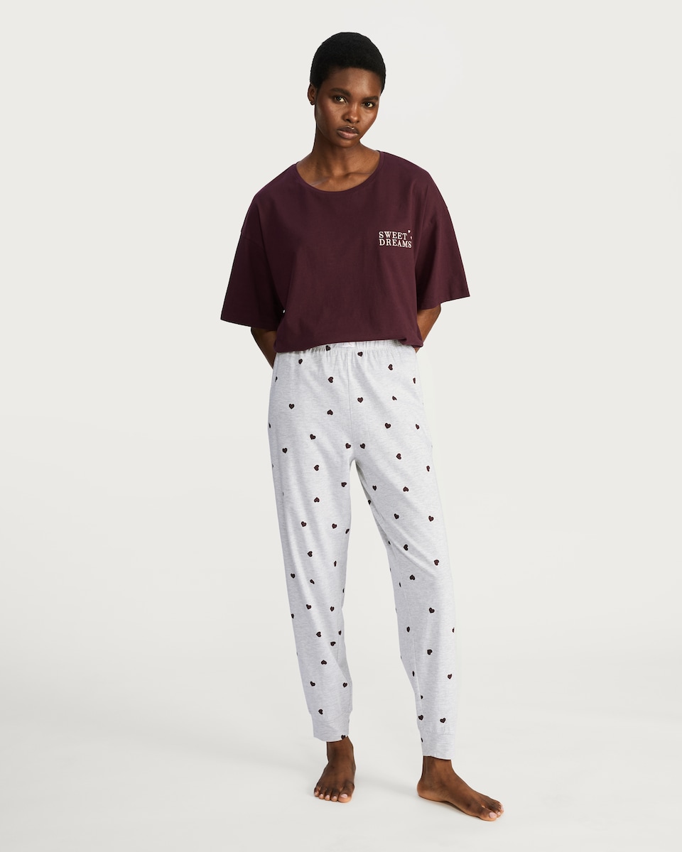 image 1 of F&F Cotton Rich Heart Print Pyjama Bottoms in Multi Grey