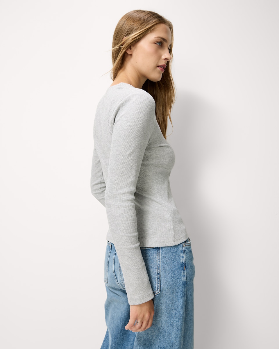image 1 of F&F Cotton Rich Ribbed Button Up Top in Grey Marl